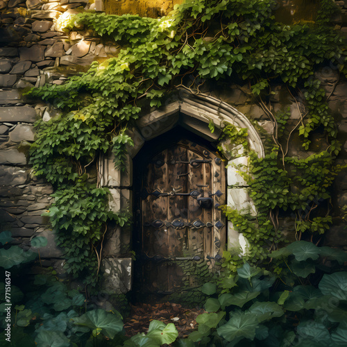A mysterious door in an ancient stone wall with ivy