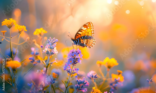 Summer banner with flowers and a butterfly. Beautiful spring background with yellow and purple flowers. High quality