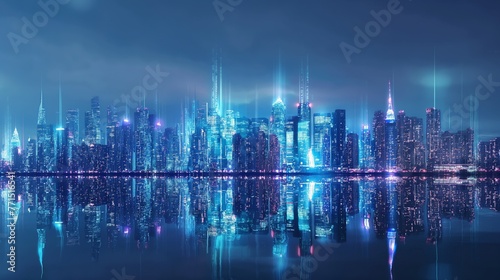 Illuminated skyscrapers reflecting on water surface in a futuristic cityscape at dusk.