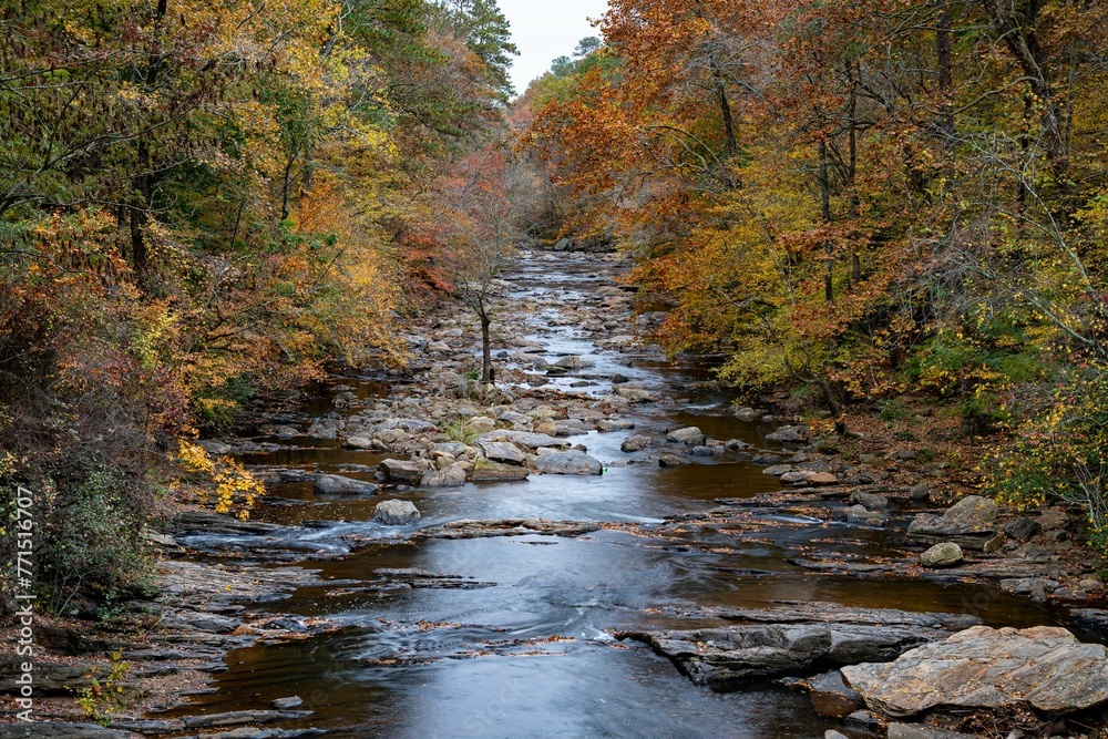 Aerial view of the Sope Creek stream winding through a mountainous landscape