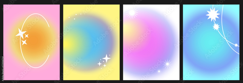 Set if abstract gradient radial background with stars shape frame in y2k futuristic style. Poster with multicolor blur. Moving from center abstract blurred