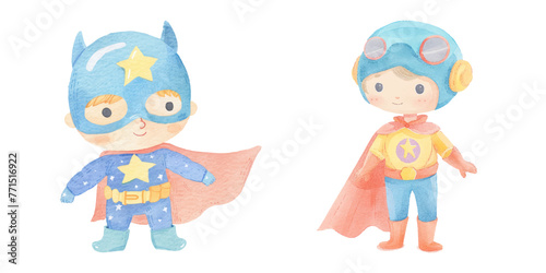 kid wearing super hero outfit watercolor vector illustration
