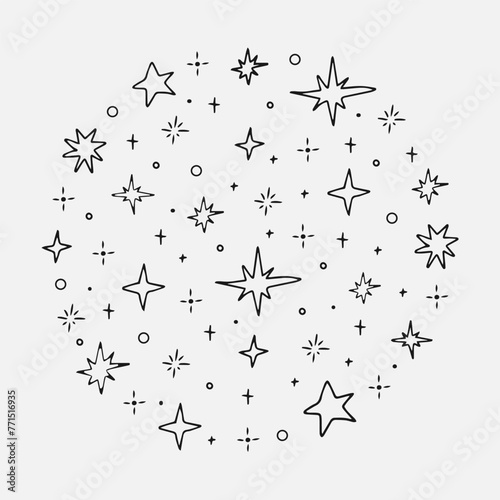 Set of doodle black stars shape. Circle composition Bright firework  decoration twinkle  shiny flash. Glowing light effect star. Vector illustration