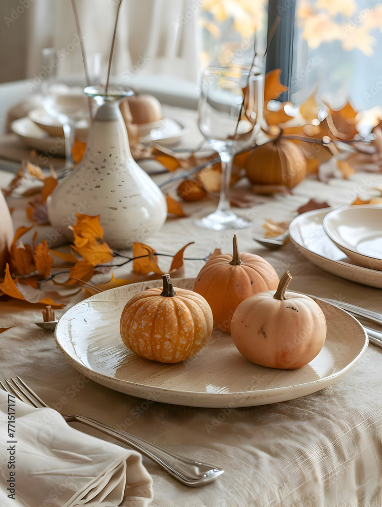 Autumn table setting with pumpkins and dry leaves decorations. High-resolution Autumn table setting with pumpkins and dry leaves decorations. High-resolution