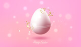 Happy Easter design with realistic egg. Holiday easter banner or card with confetti on pink background. Vector Illustrator. 