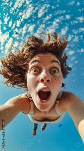 woman, sky, shouting, head, face, hair, handstand, surprise, excitement