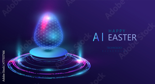 Easter Ai glow wireframe egg in a futuristic style vector. 3d hologram egg model on technology light podium. Holiday banner science cyber concept.	
