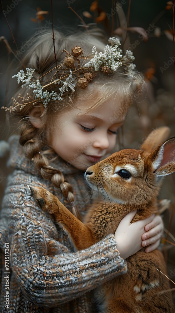 Naklejka premium Young girl in winter woodland embracing a fluffy hare while wearing a flower crown,capturing the beauty of nature through her photography
