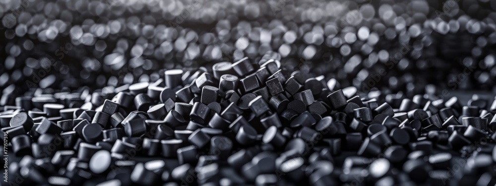 Fototapeta premium Close up 3D illustration of black plastic pellets a type of polymer resin