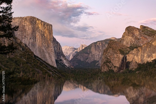 Scenic view of a lake in mountains in Yosemite National Park  California at sunset