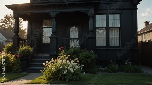 Small old black victorian house facade front yard lawn and flowers with bright dramatic lighting sunlight from Generative AI © Arceli