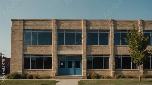 Wallpaper Mural Streetview facade of generic high school building made of white bricks with lawn and bushes in front and clear blue sky above from Generative AI Torontodigital.ca