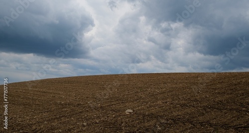 a field that has been plowed with dirt under a cloudy sky
