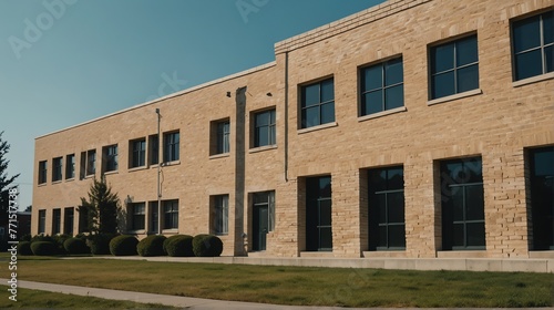 Streetview facade of generic high school building made of white bricks with lawn and bushes in front and clear blue sky above from Generative AI