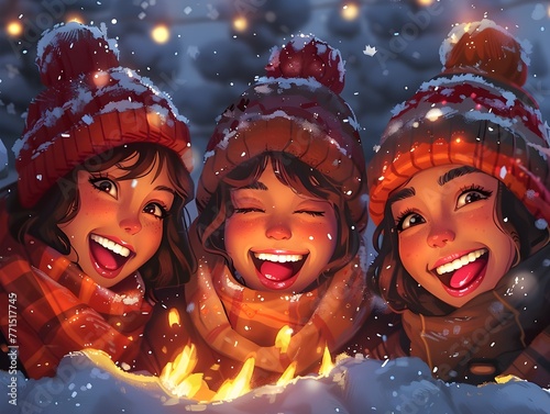 Festive Friends Sharing Laughter and Warmth in a Cozy Winter Retreat with Lip Balm photo