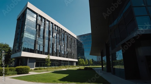 Streetview facade of generic modern black theme government office building with lawn and bushes in front and clear blue sky from Generative AI
