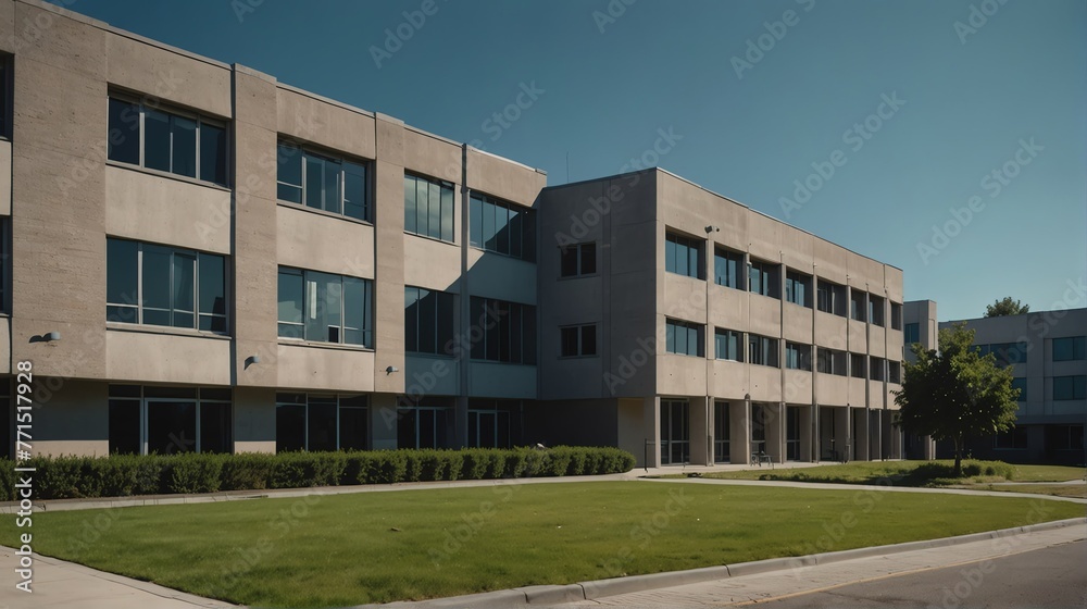 Streetview facade of generic modern gray theme university school building with lawn and bushes in front and clear blue sky from Generative AI