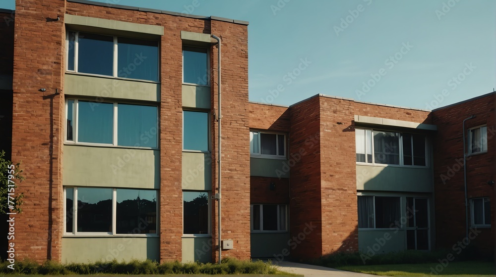 Streetview facade of generic modern green theme brick apartment building complex with lawn and bushes in front and blue sky from Generative AI Streetview facade of generic modern green theme brick apartment building complex with lawn and bushes in front and blue sky from Generative AI