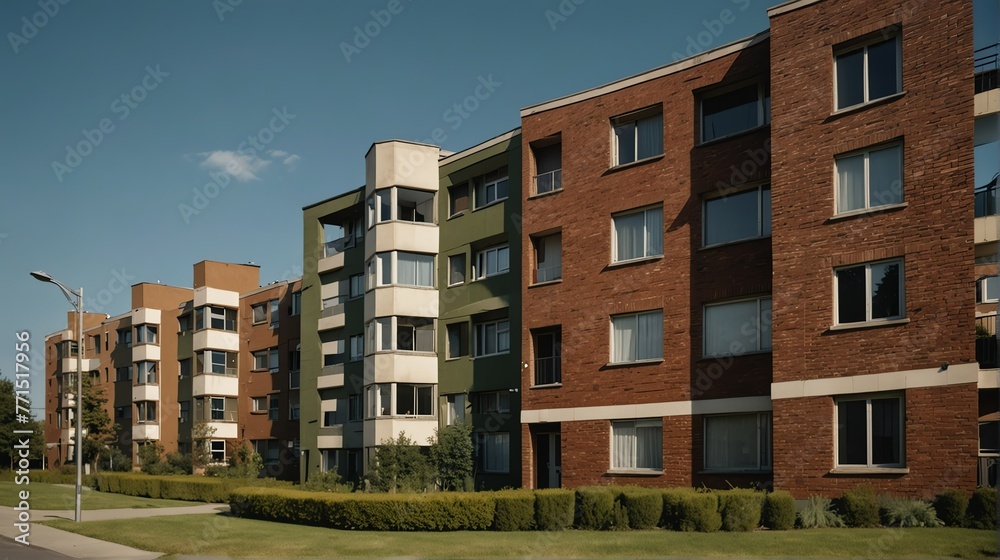 Streetview facade of generic modern green theme brick apartment building complex with lawn and bushes in front and blue sky from Generative AI