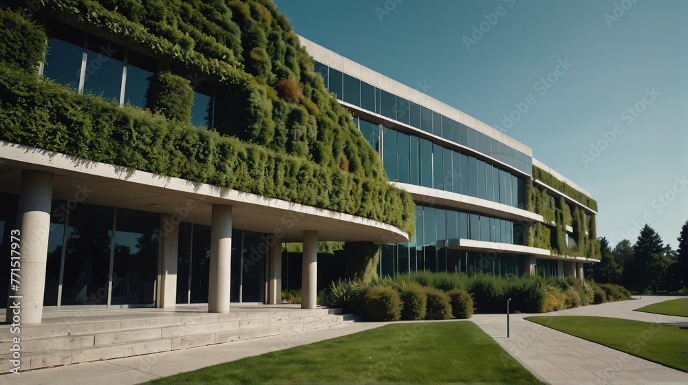 Streetview facade of generic modern green theme government office building with lawn and bushes in front and clear blue sky from Generative AI