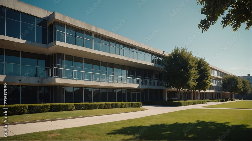 Streetview facade of generic modern minimalist high school building with lawn and bushes in front and clear blue sky above from Generative AI