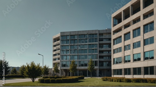 Wallpaper Mural Streetview facade of generic modern gray theme government office building with lawn and bushes in front and clear blue sky from Generative AI Torontodigital.ca