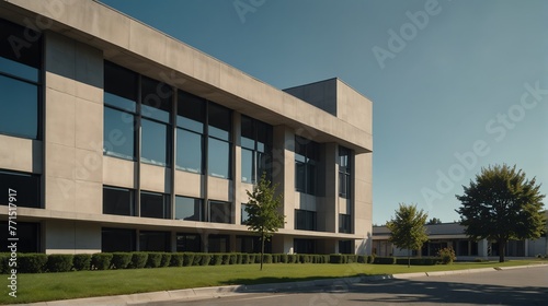 Streetview facade of generic modern gray theme university school building with lawn and bushes in front and clear blue sky from Generative AI © Arceli