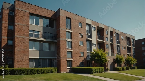 Streetview facade of generic modern gray theme brick apartment building complex with lawn and bushes in front and blue sky from Generative AI © Arceli