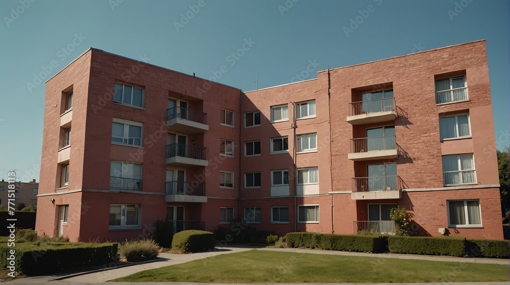 Streetview facade of generic modern pink theme brick apartment building complex with lawn and bushes in front and blue sky from Generative AI