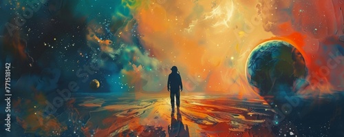 Otherworldly exploration depicted in abstract cosmic artwork Astronaut silhouette against ethereal backdrop of planets and cosmic sands, evoking sense of wonder