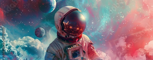 Surreal cosmic exploration captured in abstract poster design Astronaut adorned with helmet, immersed in dreamlike space scene with distant planets and celestial sands