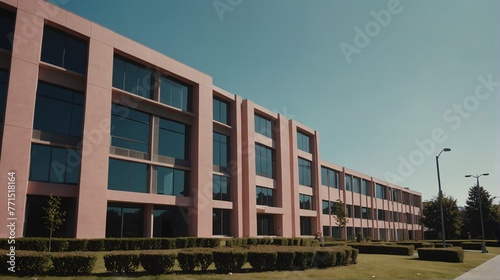 Streetview facade of generic modern pink theme government office building with lawn and bushes in front and clear blue sky from Generative AI