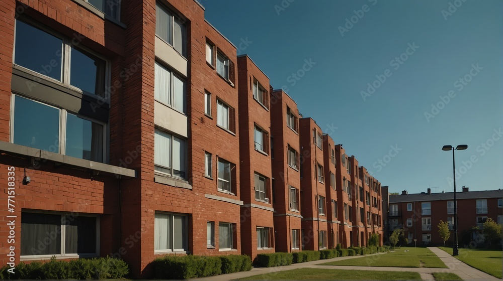 Streetview facade of generic modern red theme brick apartment building complex with lawn and bushes in front and blue sky from Generative AI