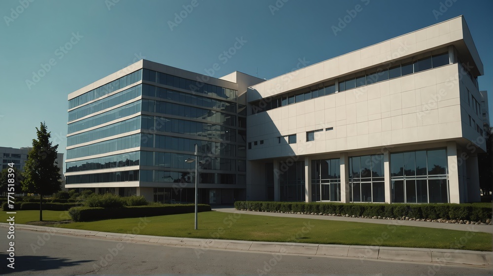 Streetview facade of generic modern white theme government office building with lawn and bushes in front and clear blue sky from Generative AI