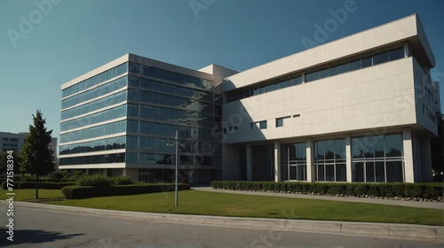 Streetview facade of generic modern white theme government office building with lawn and bushes in front and clear blue sky from Generative AI