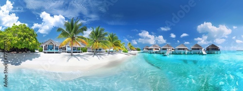 Coconut Palm tree on amazing perfect white sandy beach in island of Maldives panoramic view. Water bungalows in ocean against blue sky with clouds. Nature summer vacation background, copy space.
