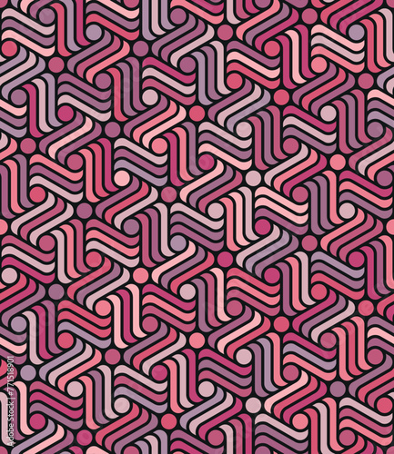 Red and pink striped interlocking hexagons on a black background. Abstract, geometric, and ornamental design. Seamless repeating pattern. Multicolored vector illustration.