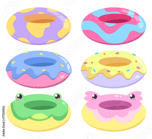 Colored vector set with beach icons. Summer inflatable rings for swimming in the sea or pool
