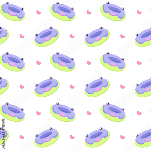 Colored vector pattern with an inflatable ring for swimming in the sea, pool, river or lake in the form of a frog. Pattern with frog and hearts