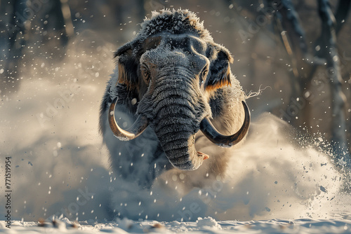mammoth running towards the photographer, snow flying 