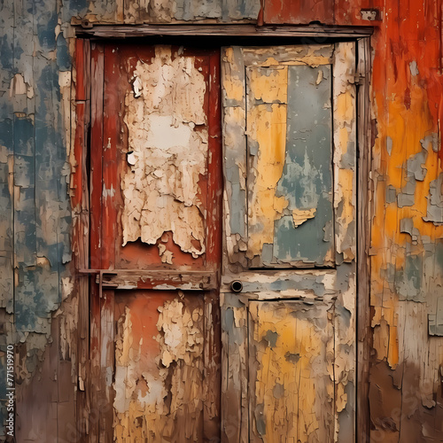Rustic wooden door with peeling paint and interesting patterns © Cao