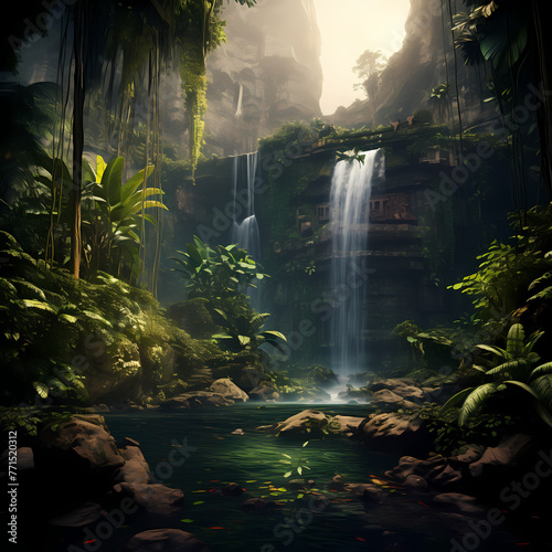 Tropical waterfall hidden in a lush jungle.