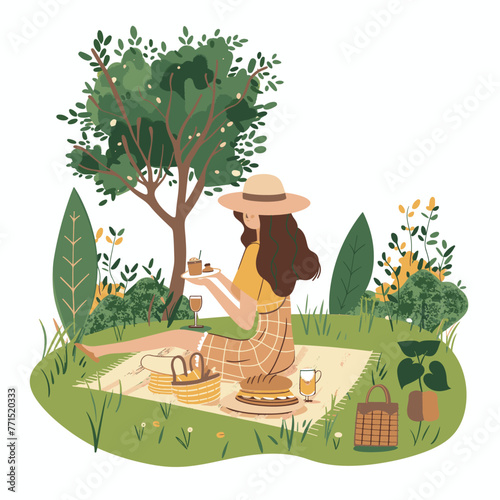 a woman having a picnic in a garden