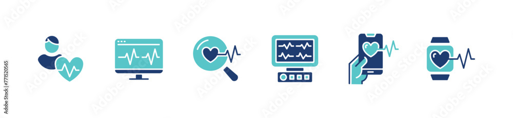 cardiogram heart pulse wave monitoring icon set heartbeat health care diagnosis symbol vector illustration