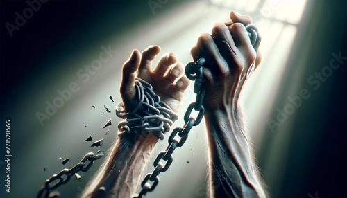 The man, illuminated by the soft light of dusk, raises his hands to show off the broken chains that once bound his wrists. The broken links hang freely, symbolizing his victory over imprisonment. photo