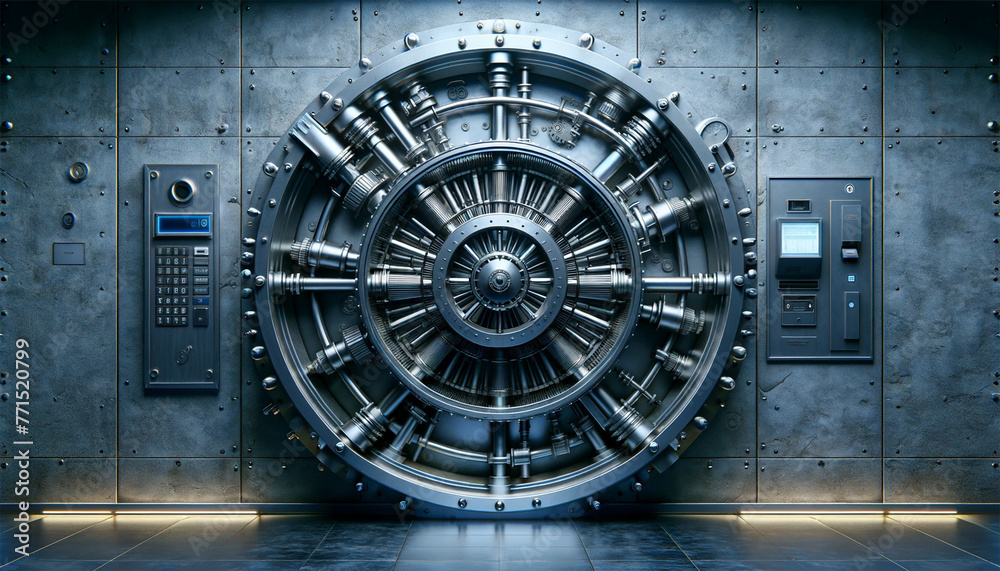 A round vault door in a bank, showing its complex design. The door is made of heavy metal with complex locking mechanisms visible.