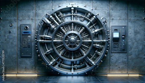 A round vault door in a bank, showing its complex design. The door is made of heavy metal with complex locking mechanisms visible. photo