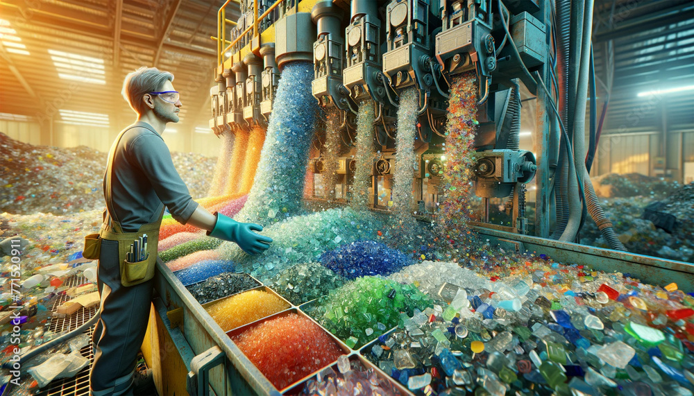 Waste recycling workshops where glass is recycled. Broken glass of different colors is sorted by a machine, and a worker watches the process in safety glasses and gloves against the background of larg - obrazy, fototapety, plakaty 