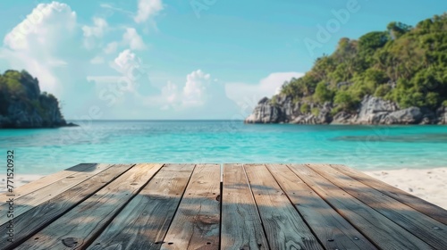 Empty wooden table with white sand calm sea bay blue sky, Beautiful summer nature vacation island in the background with copy space, blank for text ads, and graphic design photo
