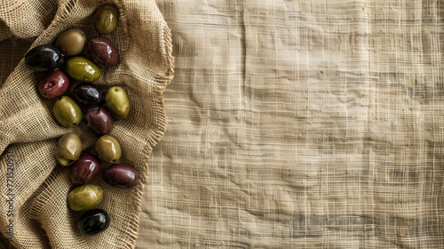 Olives on woven hemp tablecloth. Concept for for gourmet food markets and Olive Day